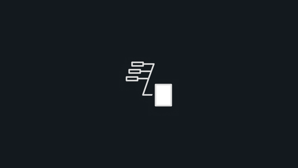 White diagram-like icon with branching lines pointing to a rectangle, on a dark background.