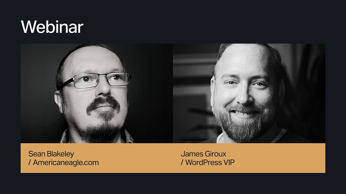 Two men featured side by side in a webinar promo—Sean Blakeley and James Giroux, along with their company names—invite you to explore the future of enterprise AI implementation.